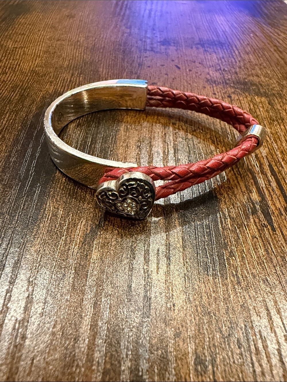 Braided Red Leather Heart Bracelet with Silver Accent